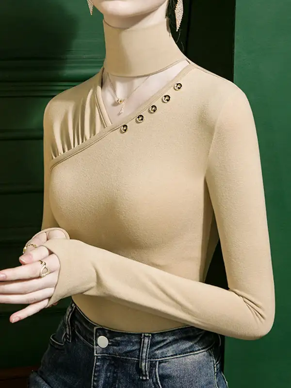 Long Sleeve Slim Fit Button Detail Cutout Pleat Detail Panel Detail High Neck T-Shirt