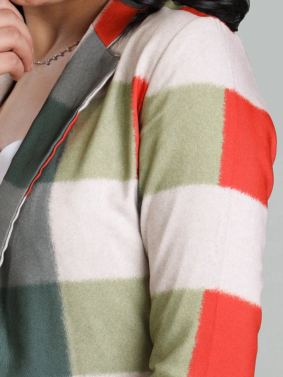 Modern Fashionable Multi-Color Checked Art Print Women's Jacket