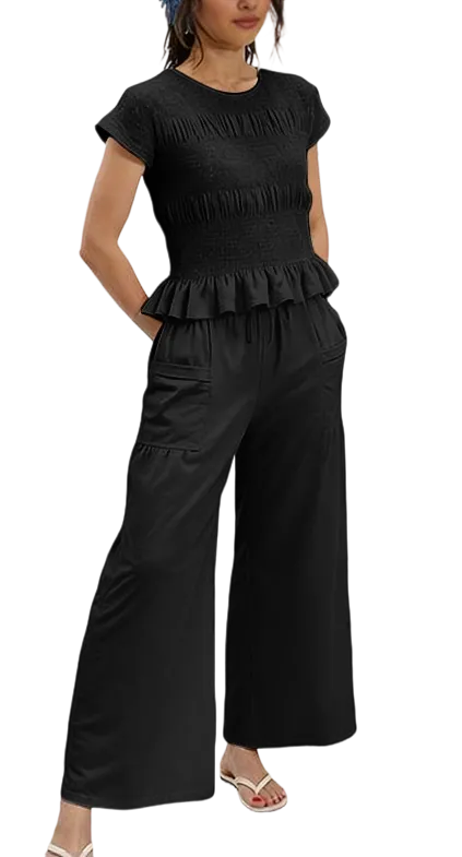 Women's two-piece set: pleated top and wide-leg pants