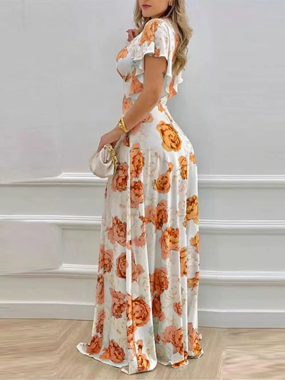 Floral Printed V Neck Maxi Dress