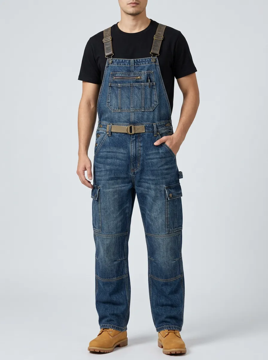 Men's Vintage Denim Cargo Multi-Pocket Bib Overalls