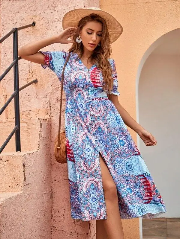 Women Split Hem Shirred Waist Dress