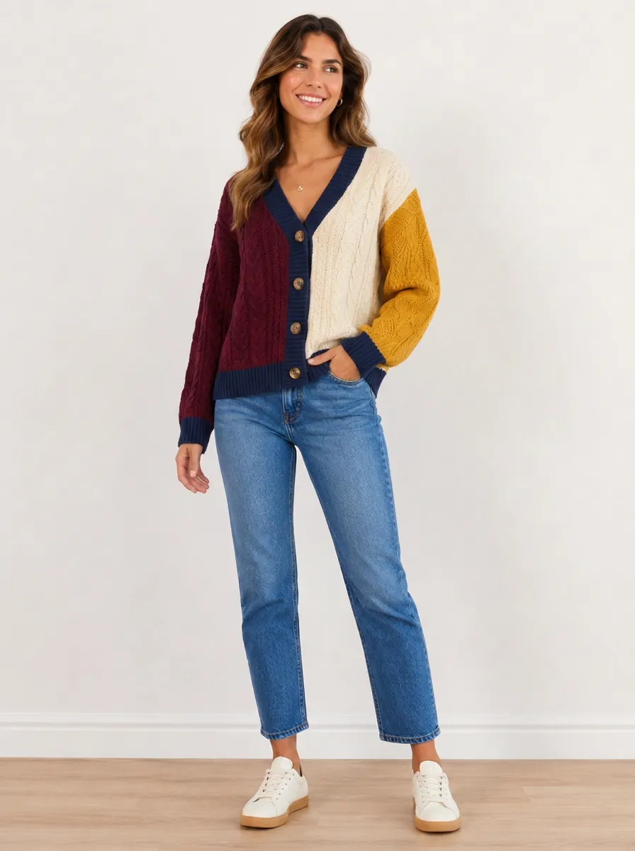 Women's Colorblock Cable Knit Cardigan Colorblock