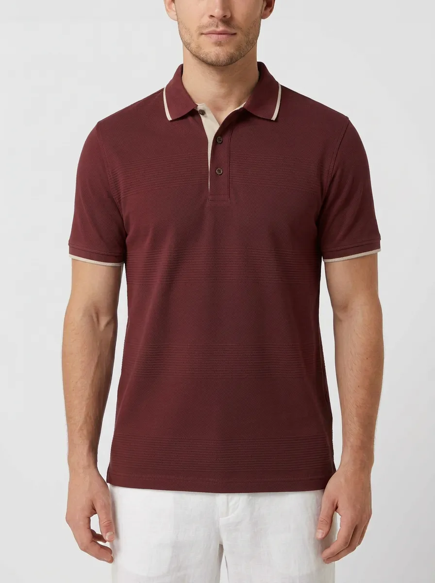 Men's Knit Ribbed Textured Horizontal-Stripe Polo Shirt