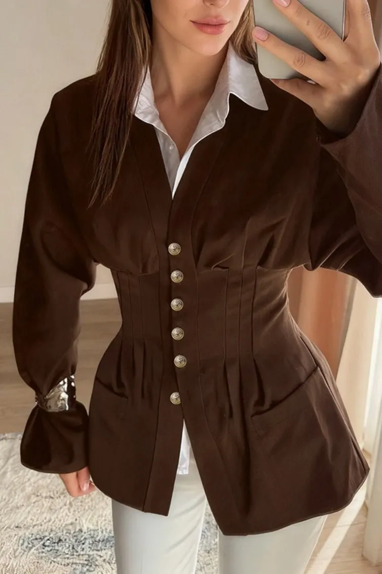 Polished Cotton Blend Pleated Button Blouse
