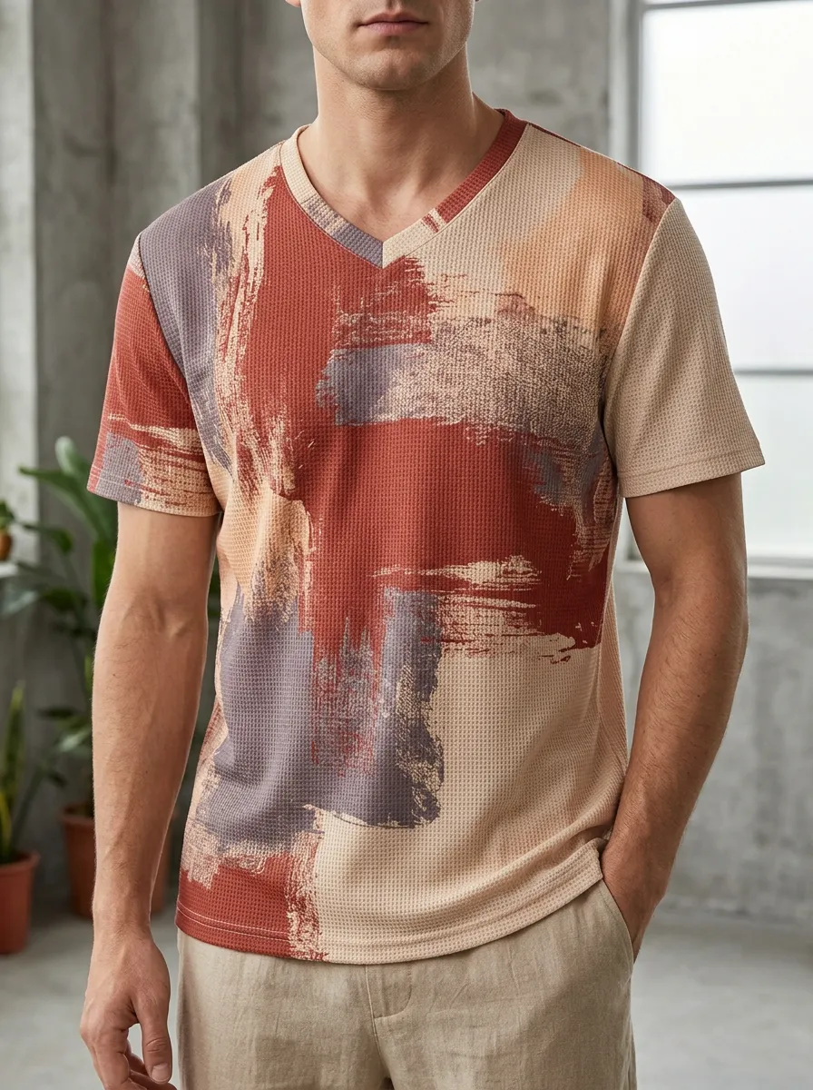 Men's Abstract Brushstroke Waffle Knit Fluid V-Neck T-Shirt