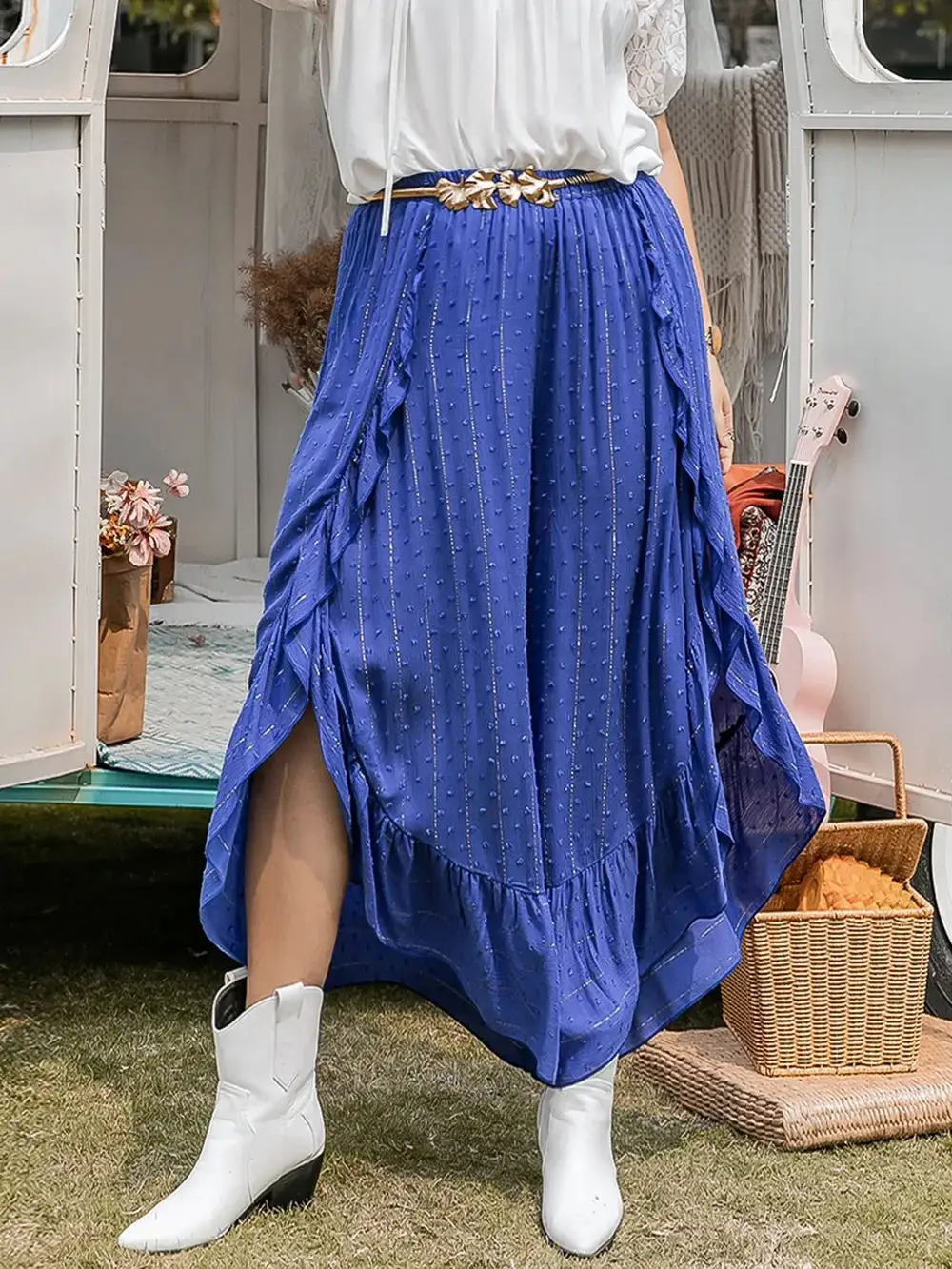 Ruffle Trim Wide Leg Pants