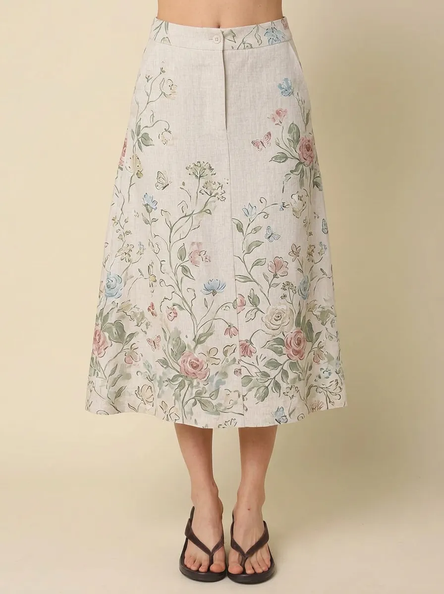 Women's Vintage Floral Butterfly Printed Linen Midi Skirt