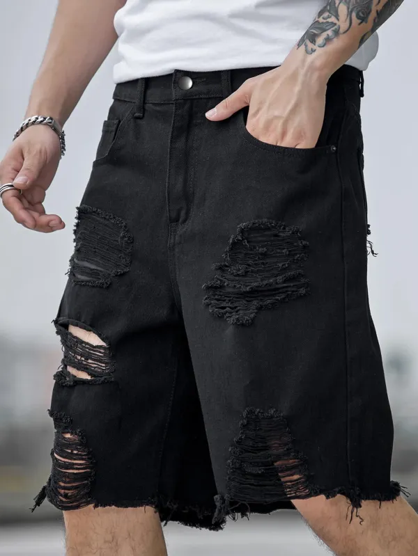 Men's Ripped Denim Shorts In Black