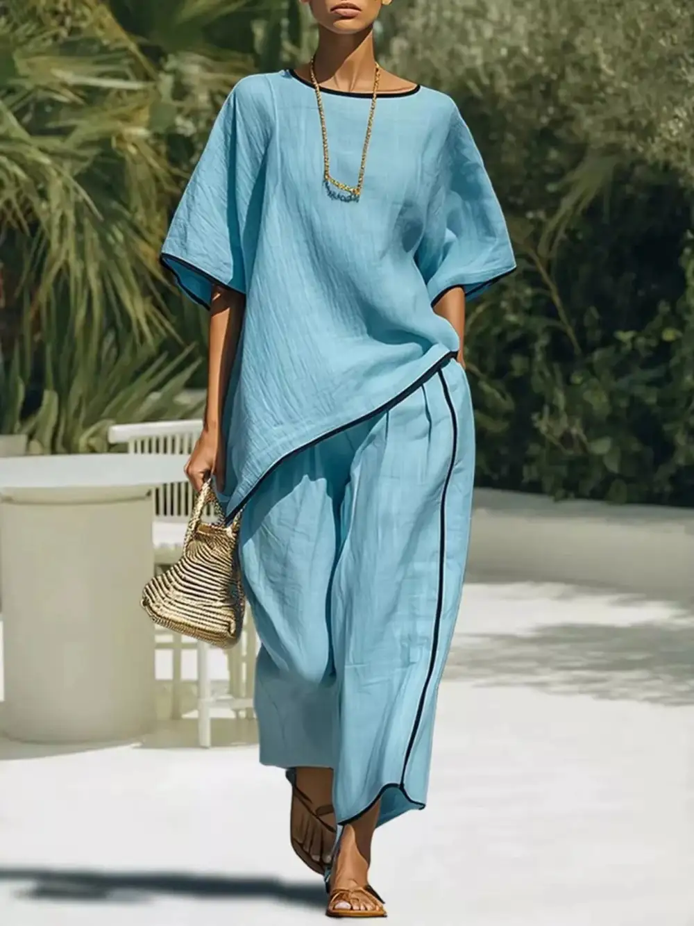 Full Size Contrast Trim Half Sleeve Top and Pants