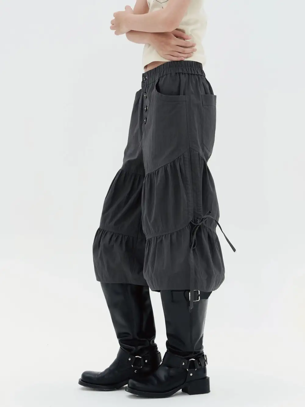 Wide-Leg Drawstring-Waist Drawstring Cargo Pants