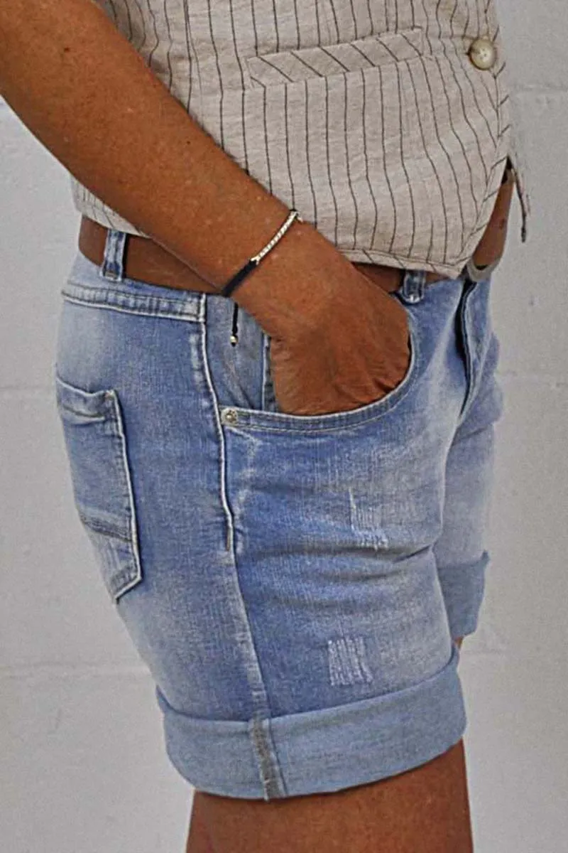 Zip Fly Ripped Denim Shorts Without Belt