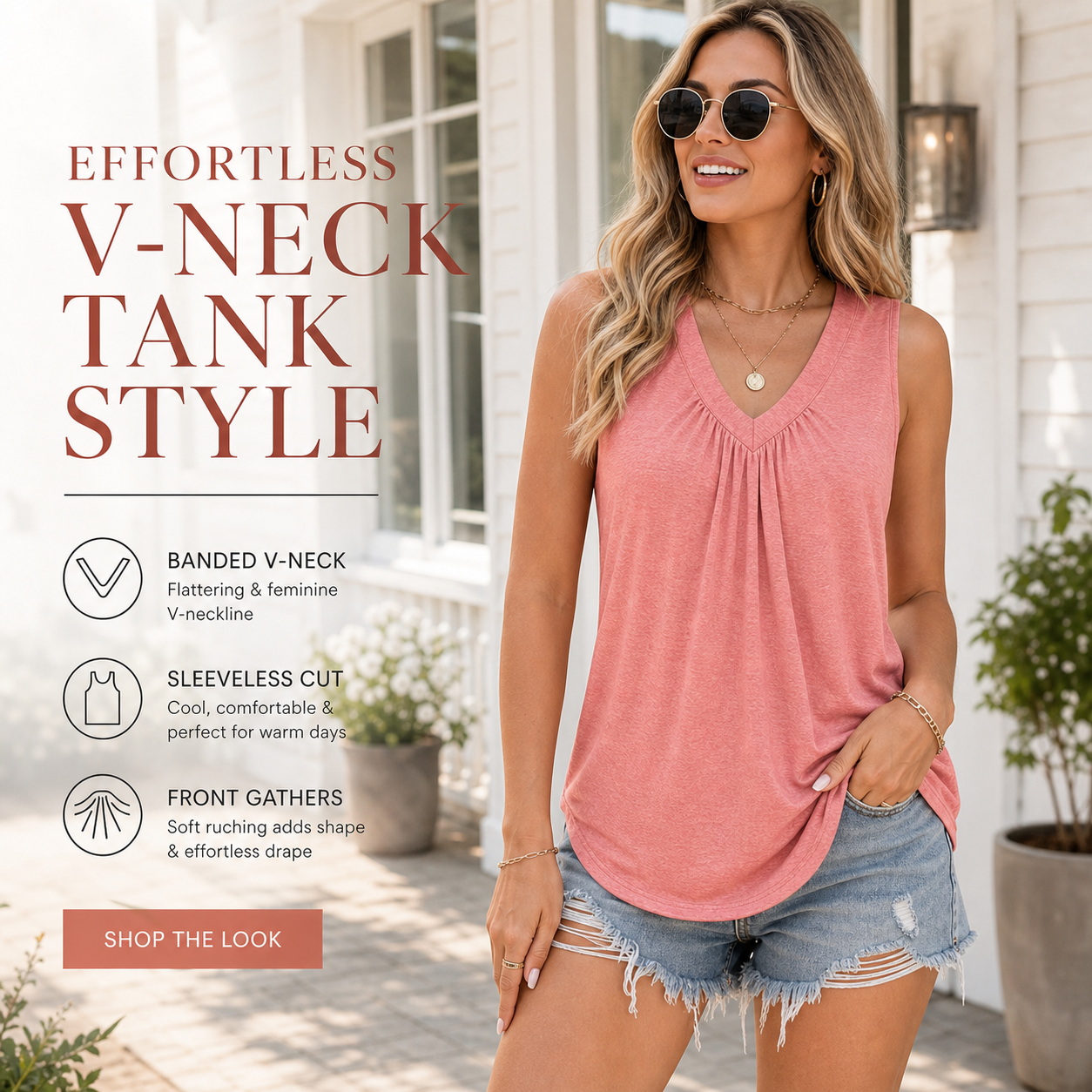 Women's V-Neck Ruched Sleeveless Tank Tops style overview