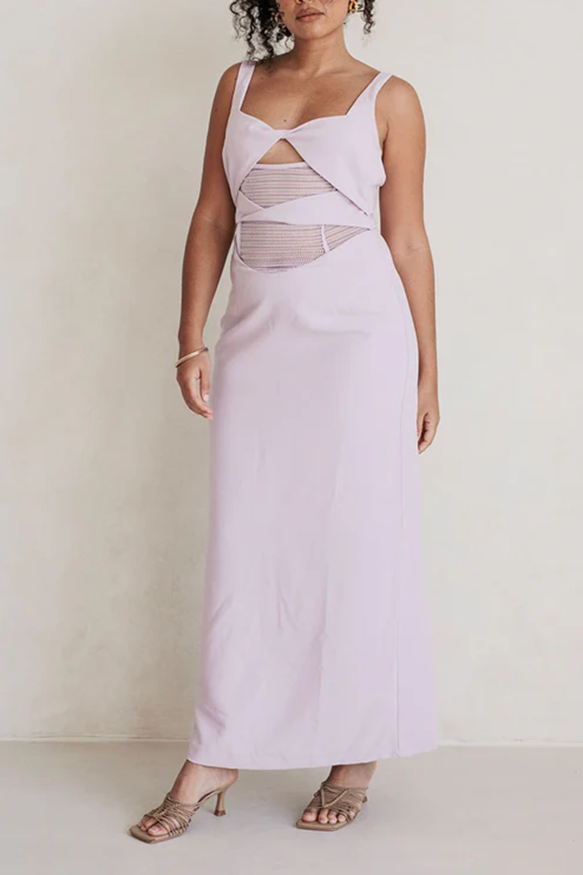 Square Neck Mesh Panel Midi Dress