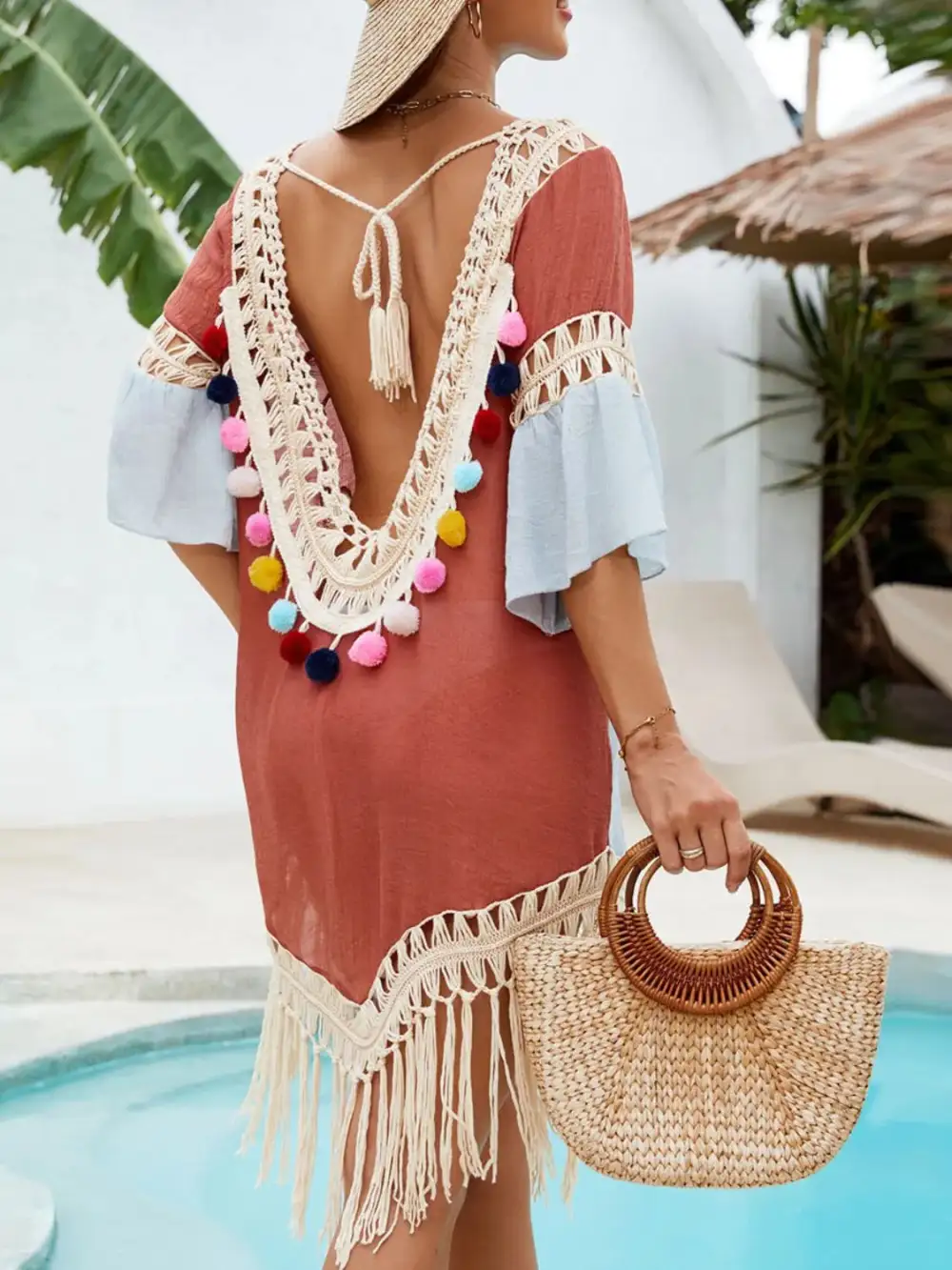 Backless Tassel Hem V Neck Swim Cover Up