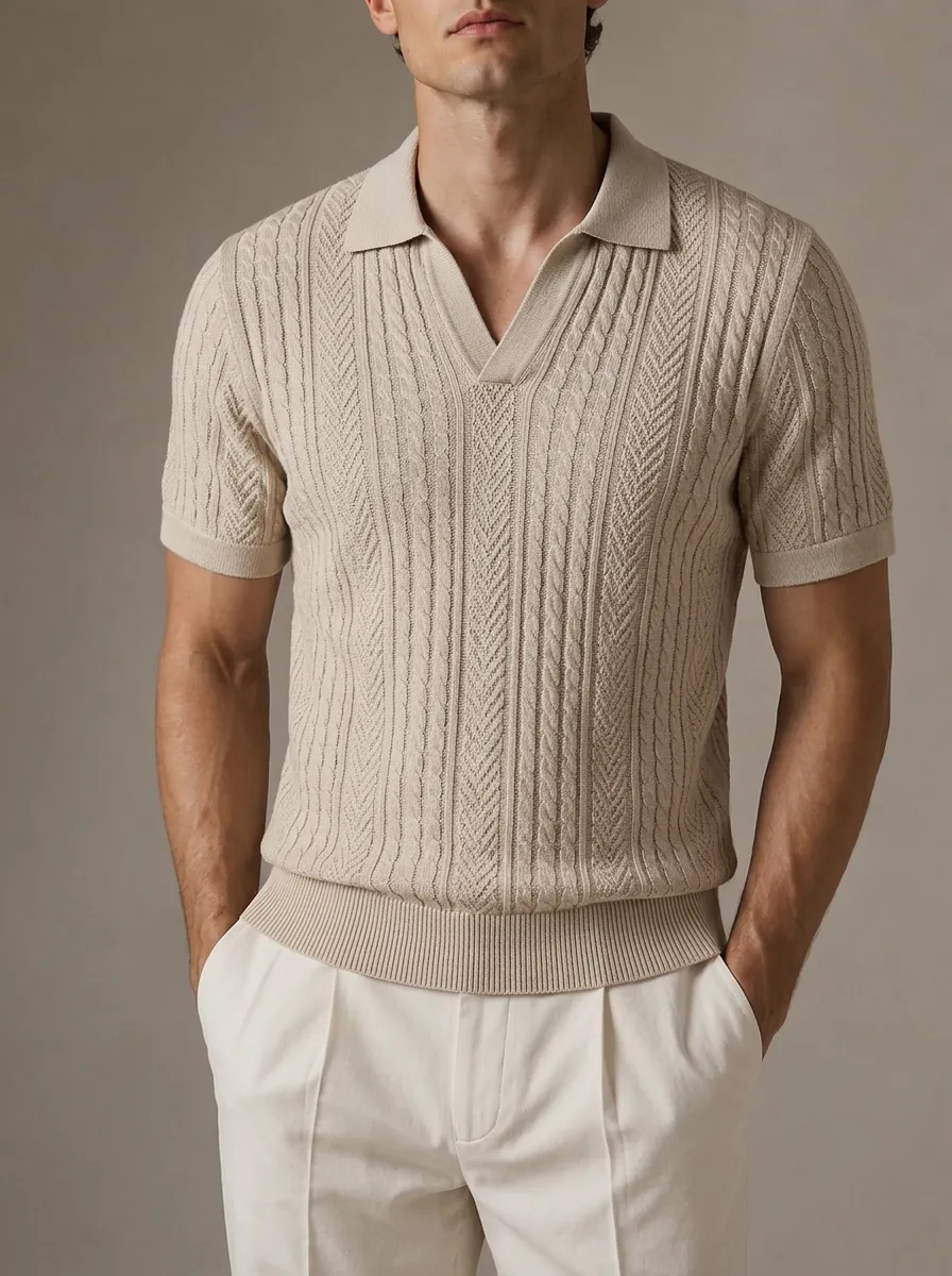 Men's Herringbone Cable Knit Open Collar Polo
