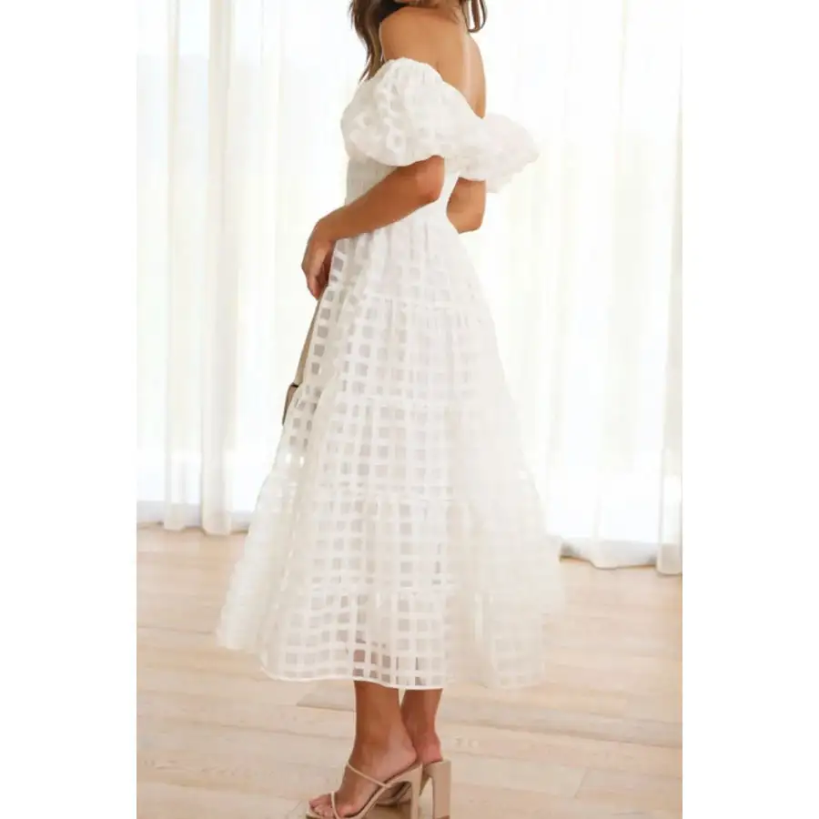 Off Shoulder Short Puff Sleeve Midi Dress
