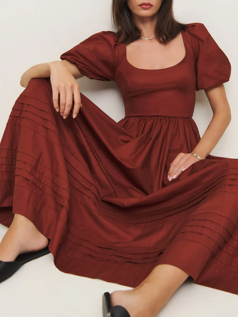 Puff Sleeve Square Neck Midi Dress