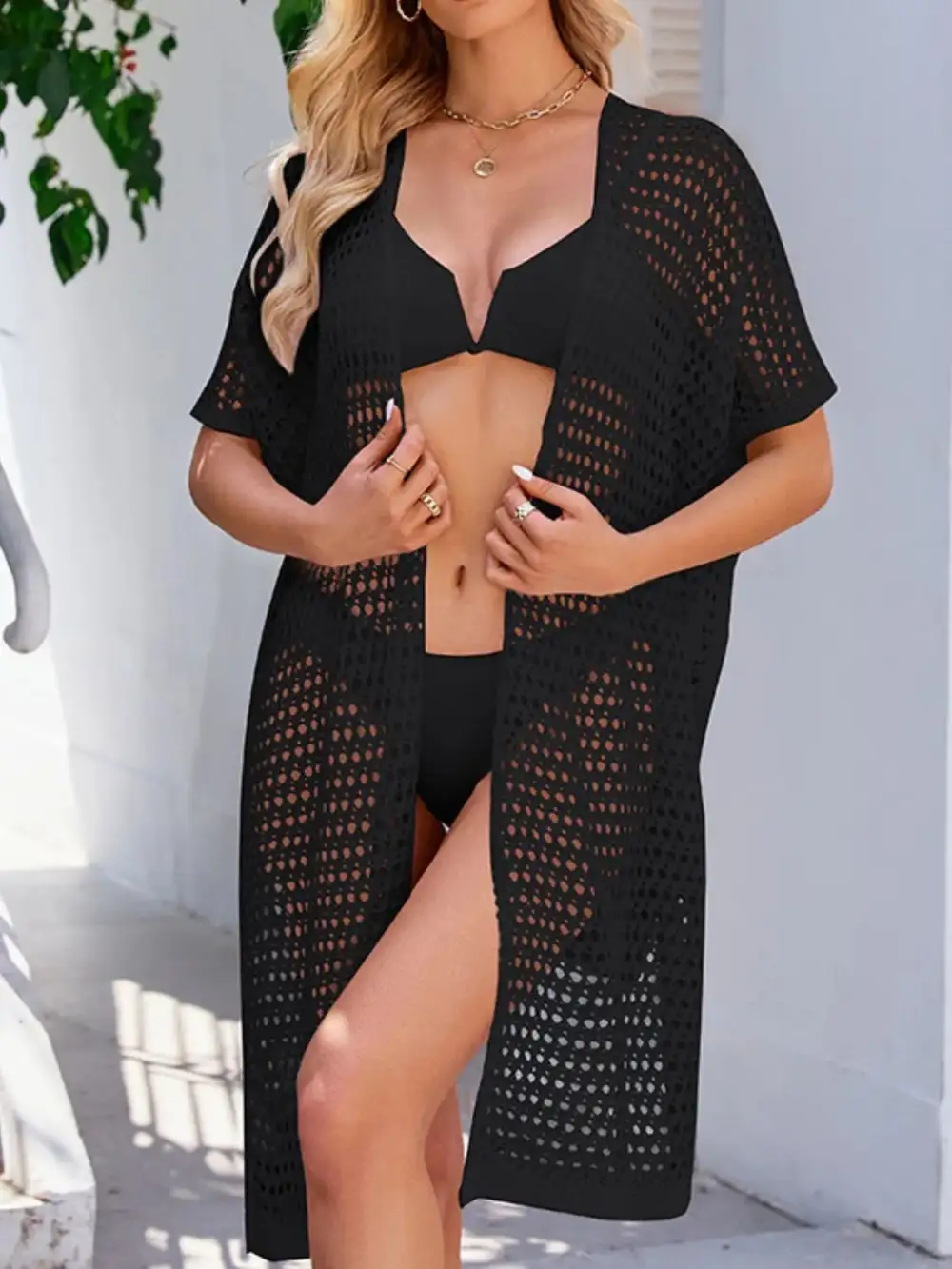 Open Front Tied Openwork Swim Cover Up