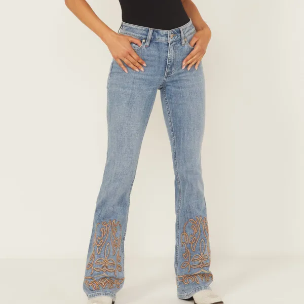 Mid Rise Bootcut Stretch Denim Embroidered Jeans