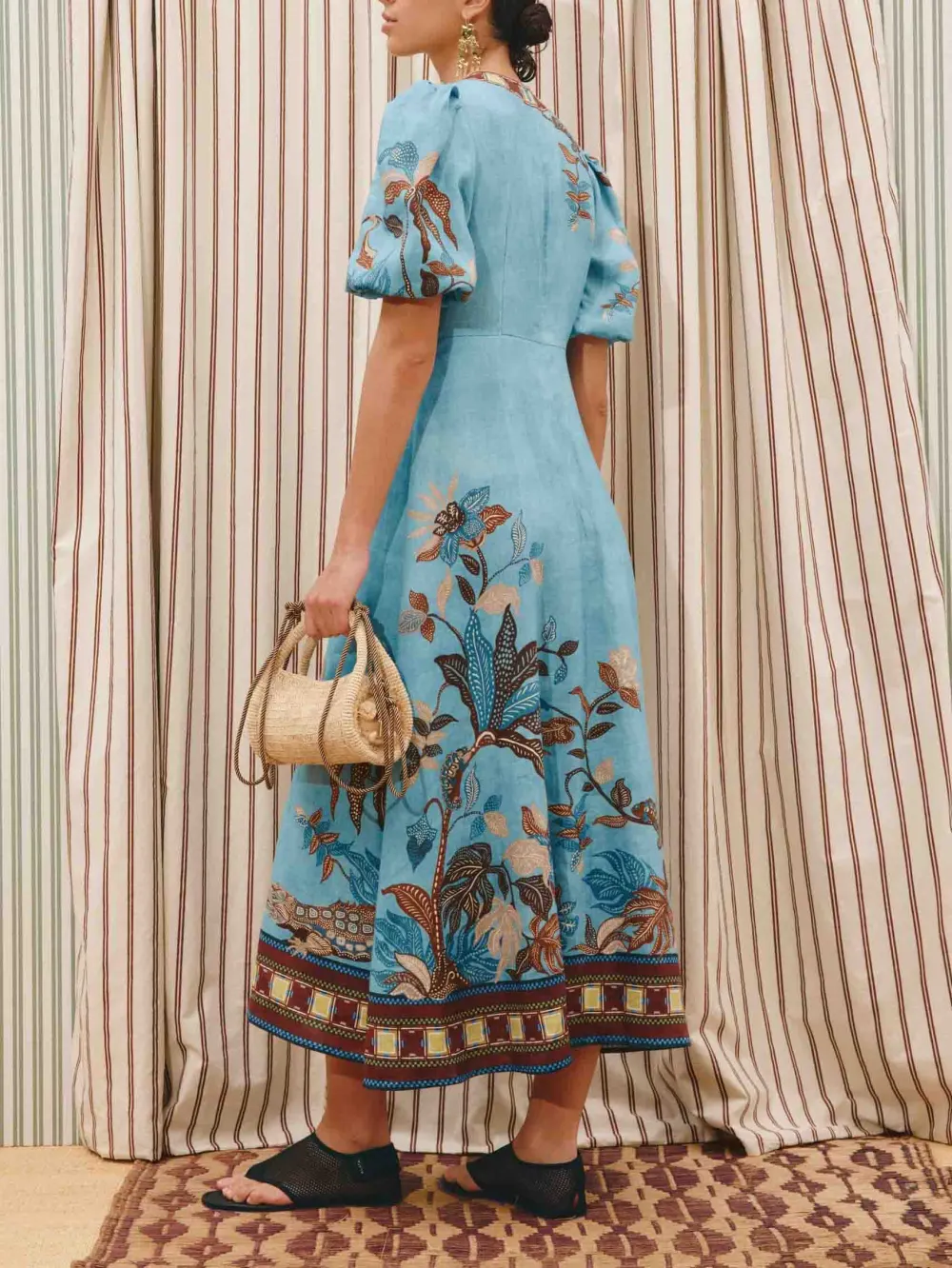 Elegant Vintage Floral Print Puff Sleeve Midi Dress