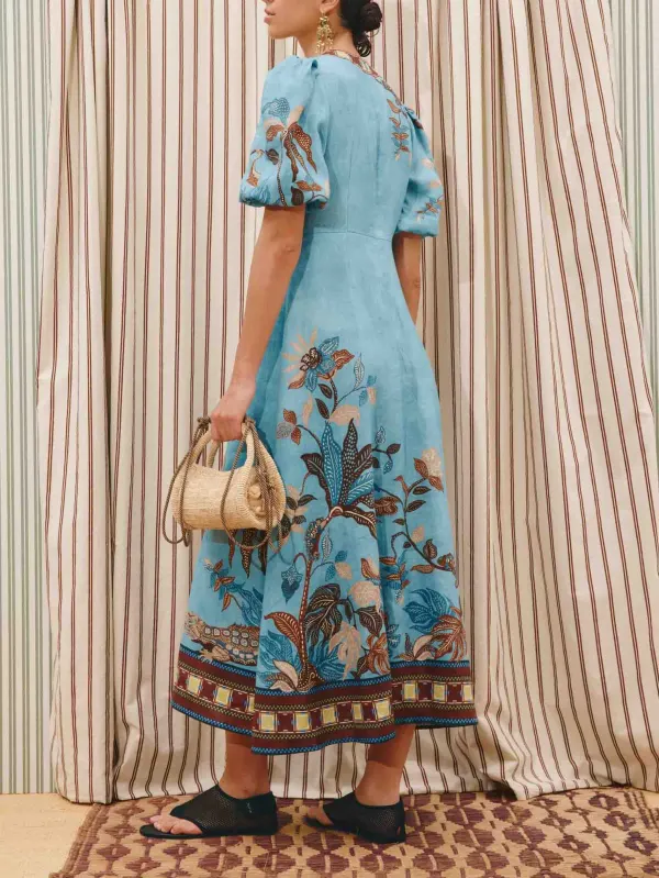 Elegant Vintage Floral Print Puff Sleeve Midi Dress