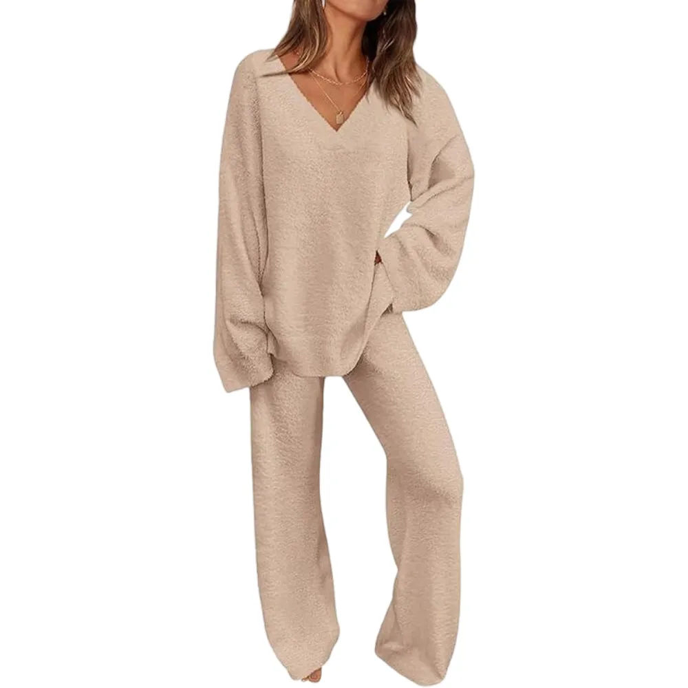 Women's 2-Piece Lounge Set Soft Chunky V Neck Tops& Wide Leg Long