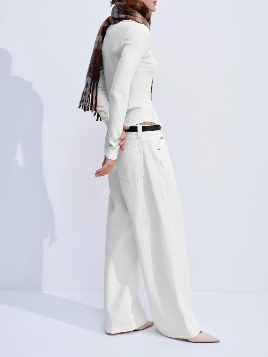 Lady's White Split Round-Neck Casual Style Fitted Long-Sleeved T-Shirt