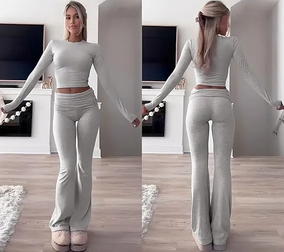 Women's Solid Color Long Sleeve Crop Tee & High-Waisted Drawstring Pants Set, Casual Everyday Slim Fit Outfit for Fall & Winter Seasons