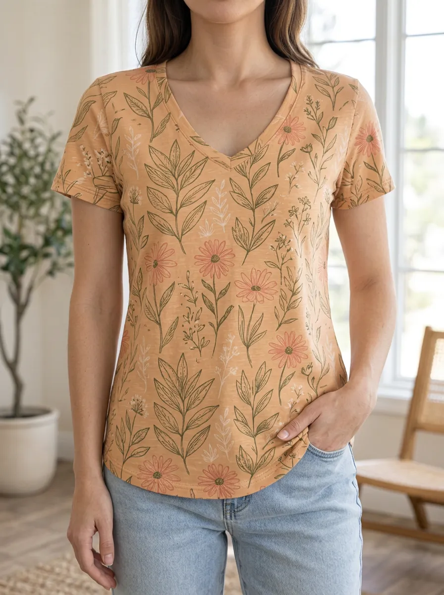 Women's Floral Botanical Mustard Yellow Printed V-Neck T-Shirt