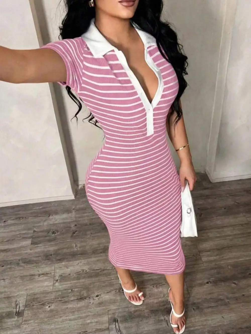 Striped Polo Collar Midi Dress