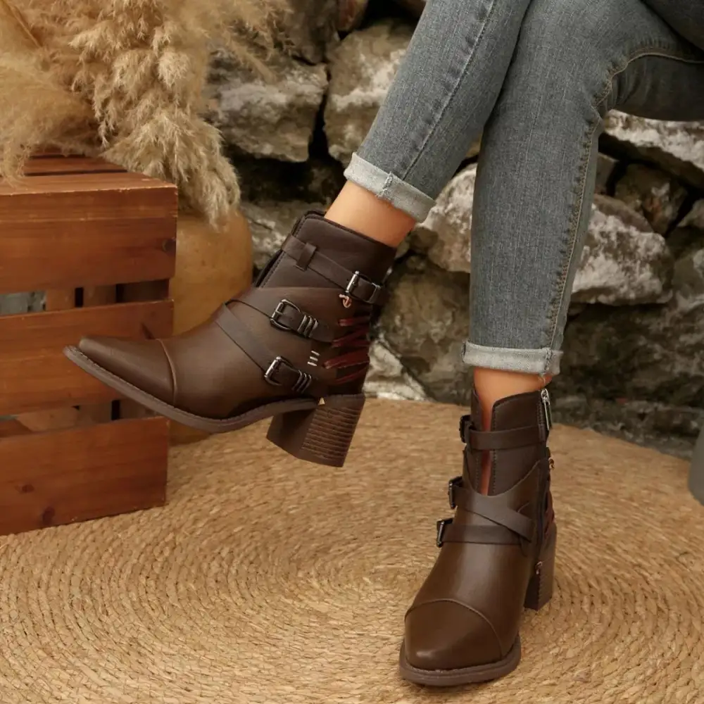 Point Toe Buckle Strap Ankle Boots with Block Heels