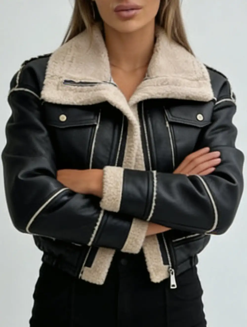 Short Zip Front Motorcycle Pu Leather Jacket