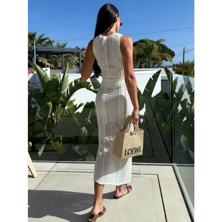 Openwork Round Neck Top and Slit Skirt Sweater Set