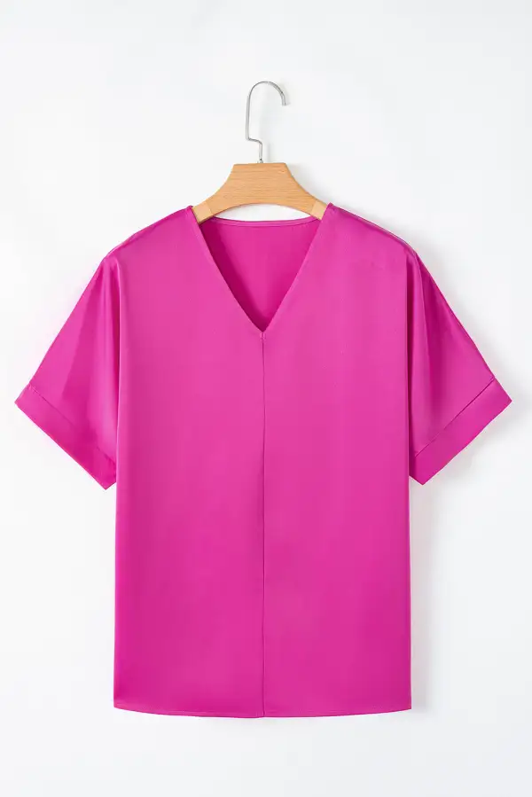 Bright Pink Silky V Neck Dolman Blouse