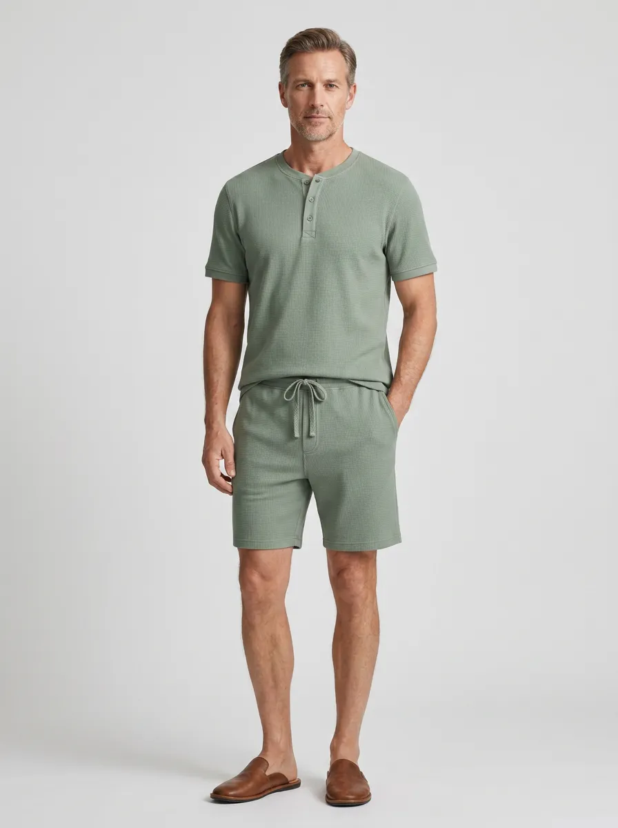 Men's Henley Casual Sage Green Waffle Knit Henley Short Set