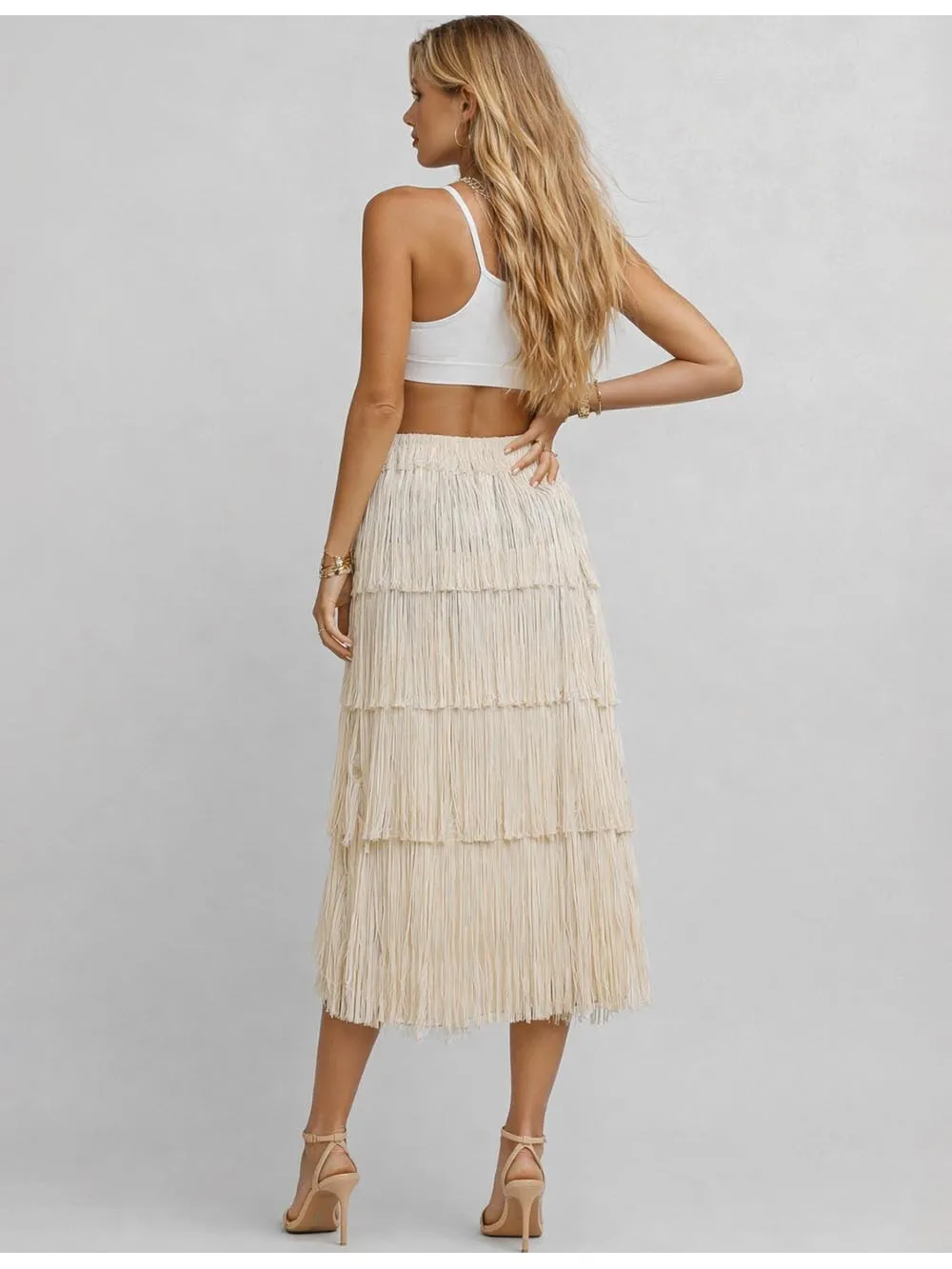 Fringe Solid Color Elastic Waist Midi Skirt