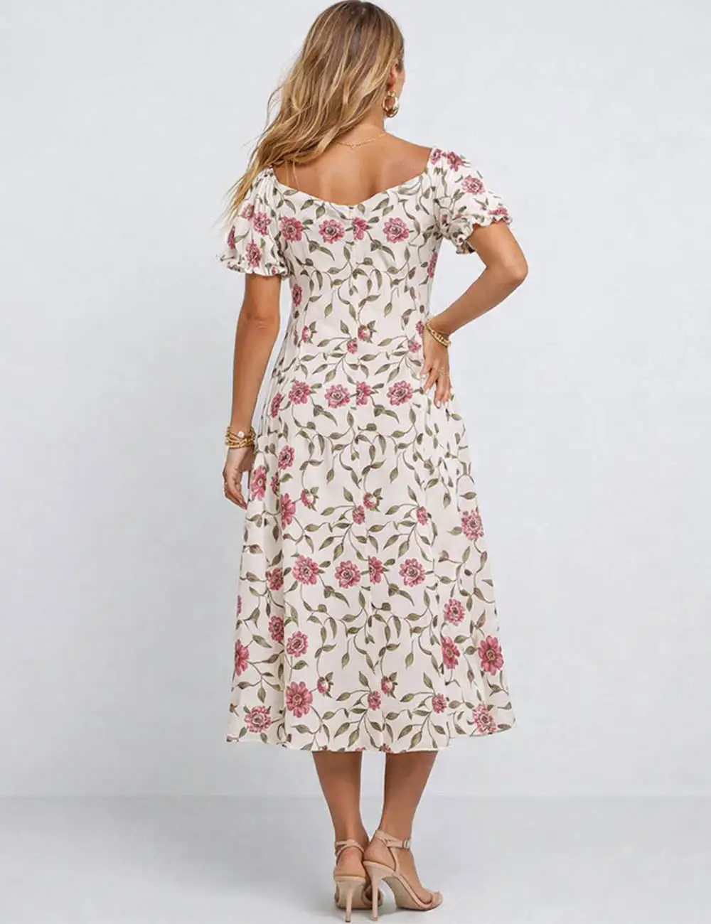 Puff Sleeves V Neck Lave Up Midi Dress
