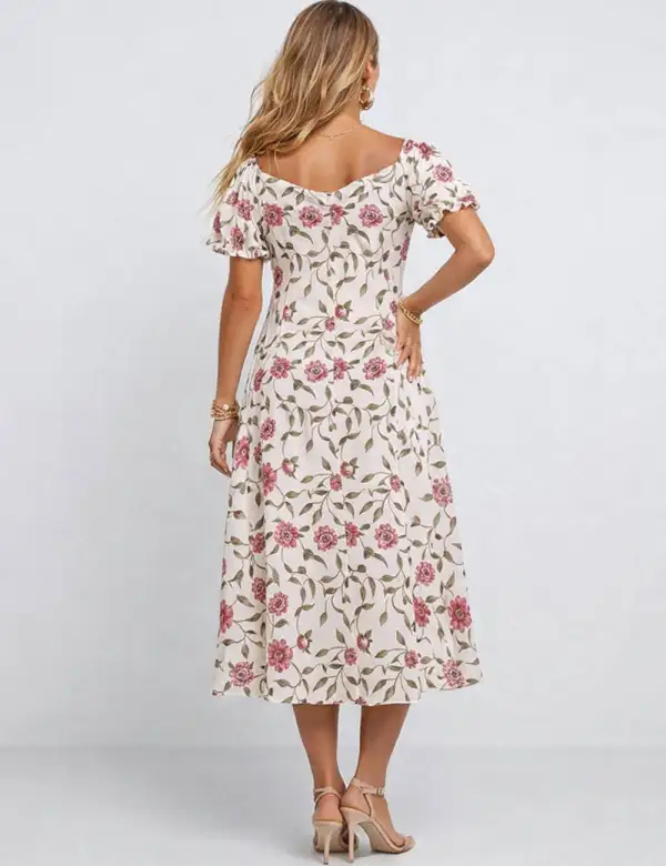 Puff Sleeves V Neck Lave Up Midi Dress