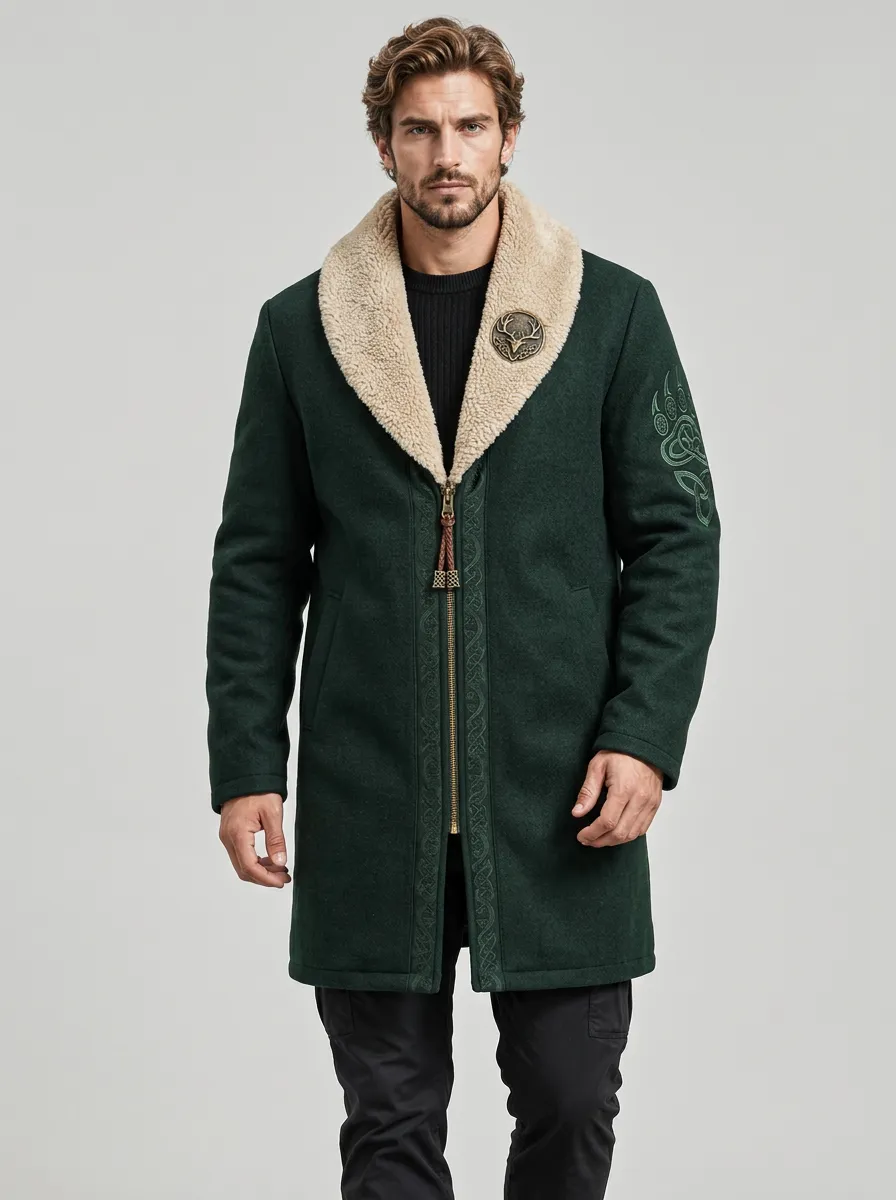 Men's Deer Bear Paw Faux-Shearling Collar Coat