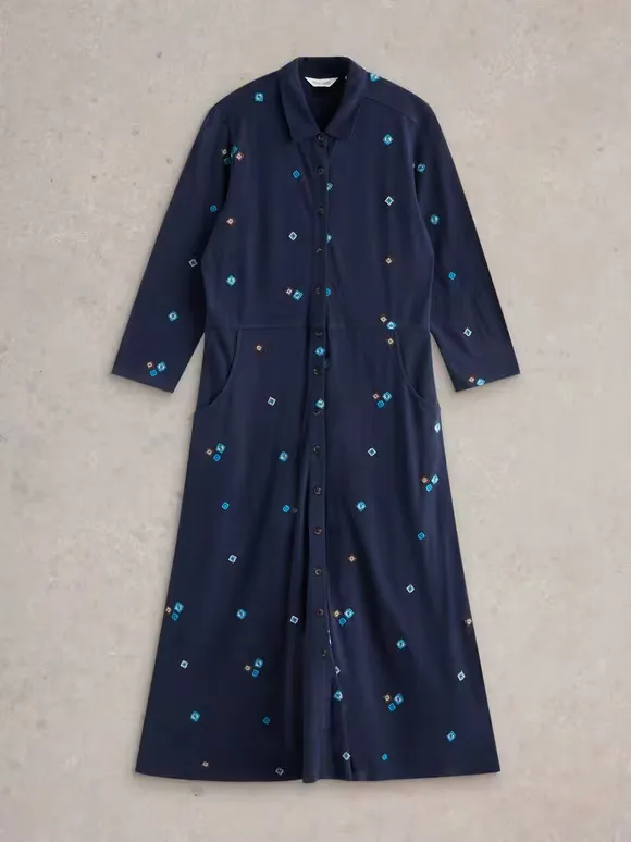 Embroidered Jersey Dress In Navy Print
