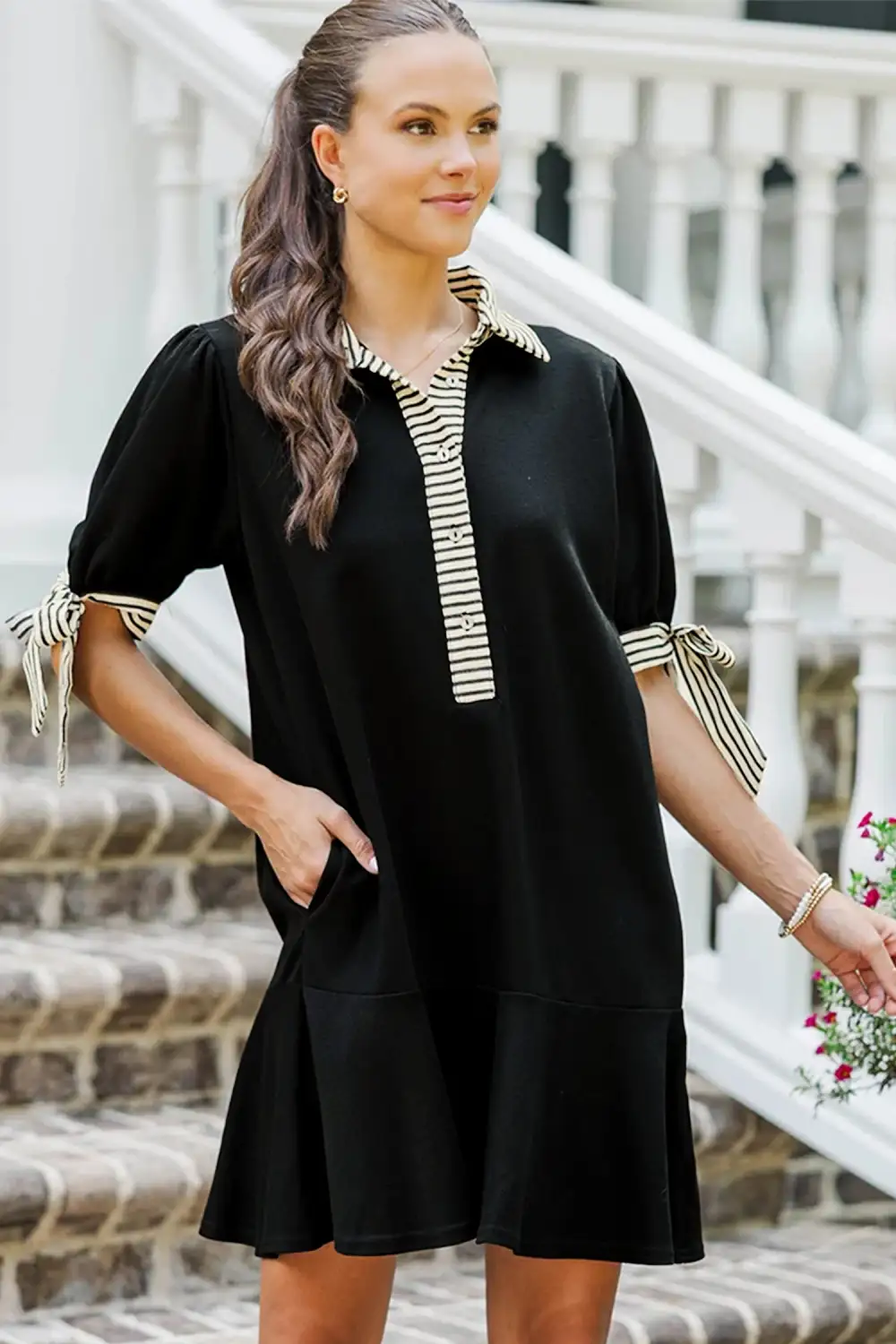 Striped Half Button Short Sleeve Mini Dress