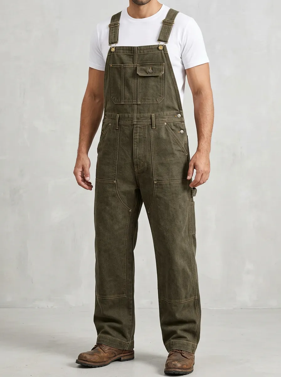 Men's Olive Green Reinforced Utility Cotton Bib Overalls