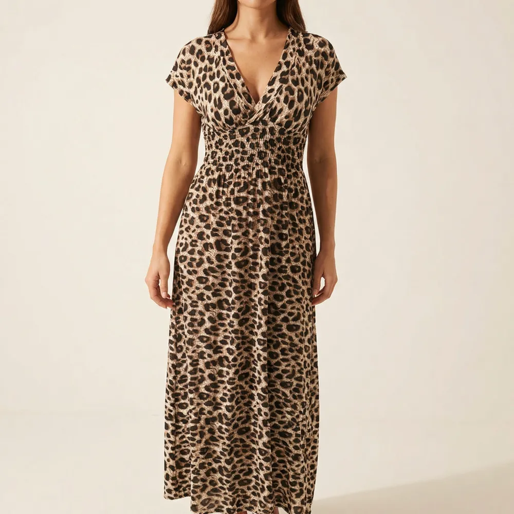 Ruched Waist Leopard Maxi Dress