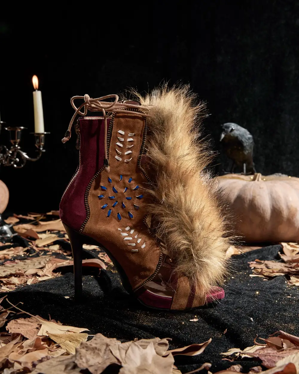 Faux Fur Lace Up Suede Sandals in Brown