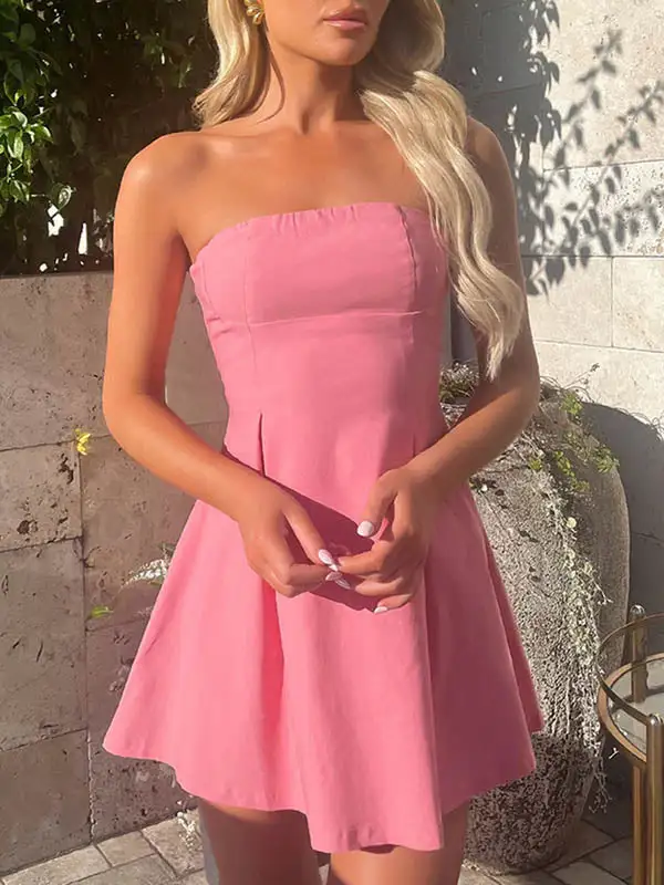 A Line Relaxed Backless Pleated Solid Color Split Joint Tied Tube