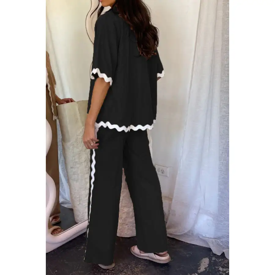 Relaxed Contrast Trim Half Sleeve Top and Pants Set