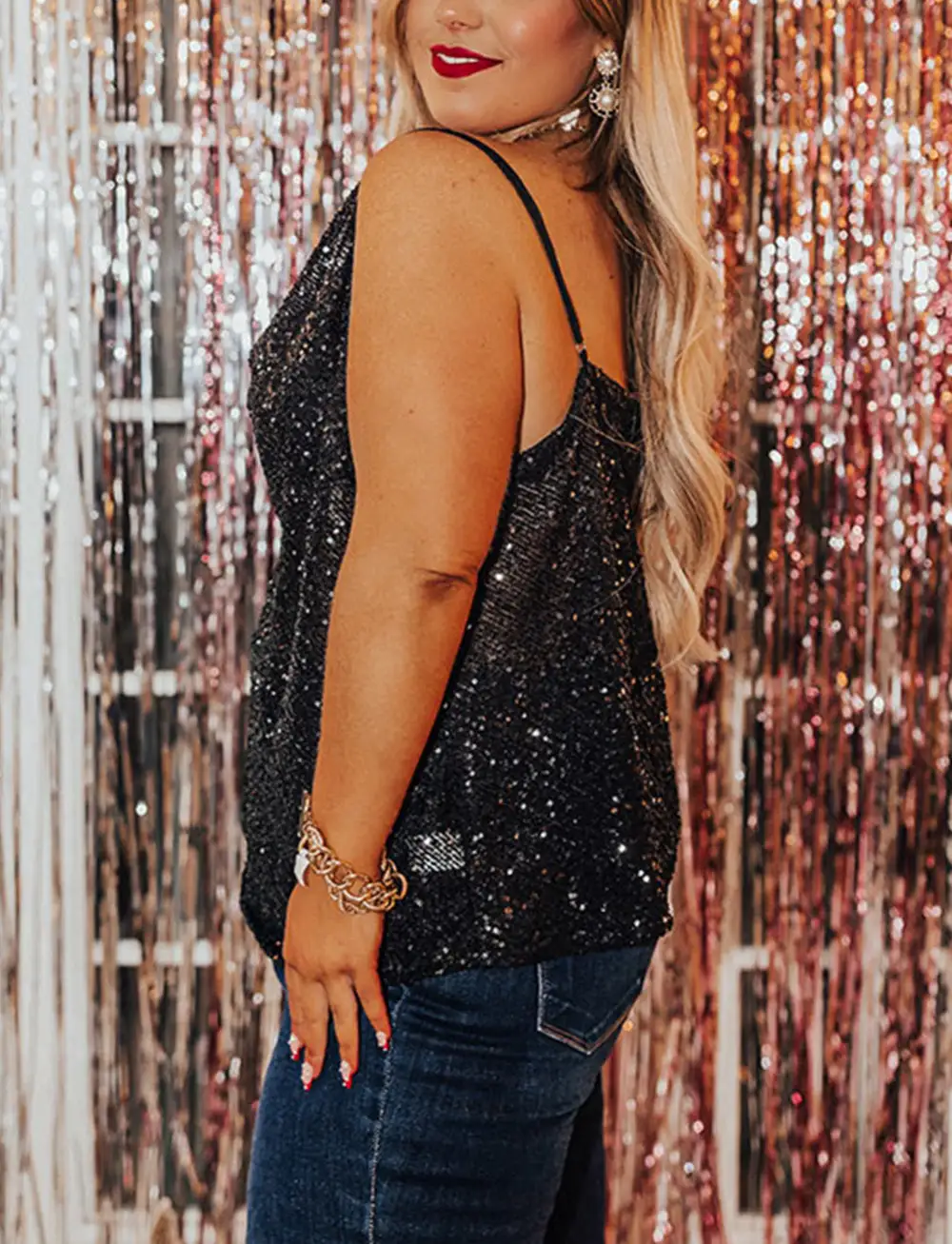 Plus Size Drape Neck Sequin Tank Top