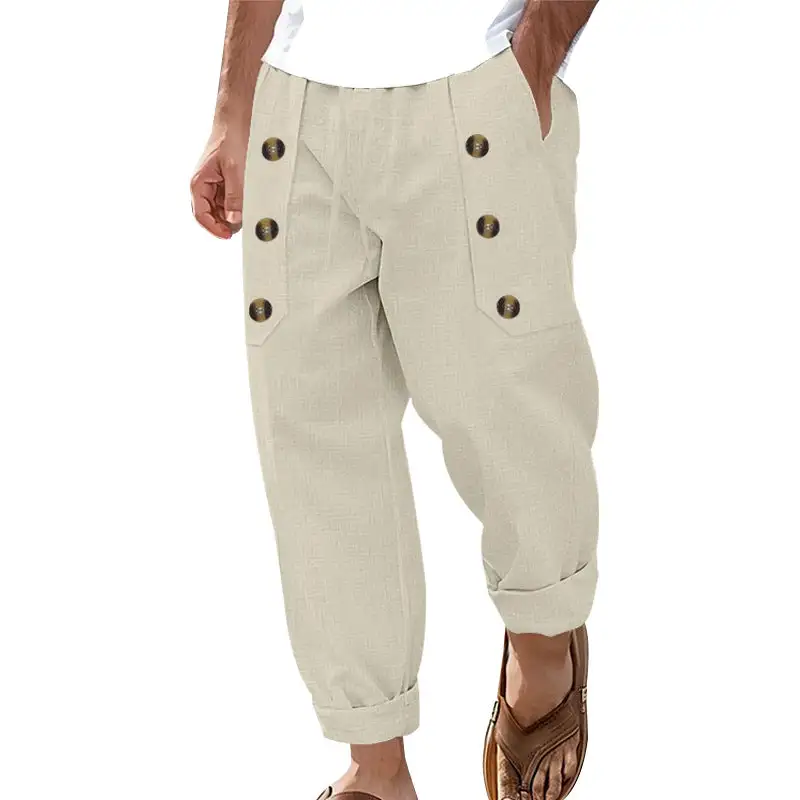 Men's Ankle-length Linen Cargo Pants Pockets