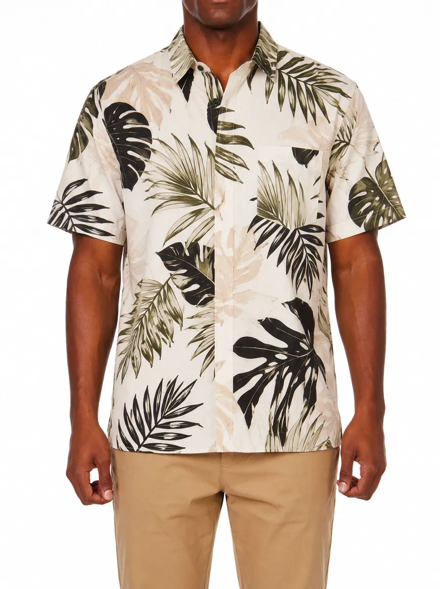 Men's Tropical Leaf Print Short Sleeve Shirt with Button-Front